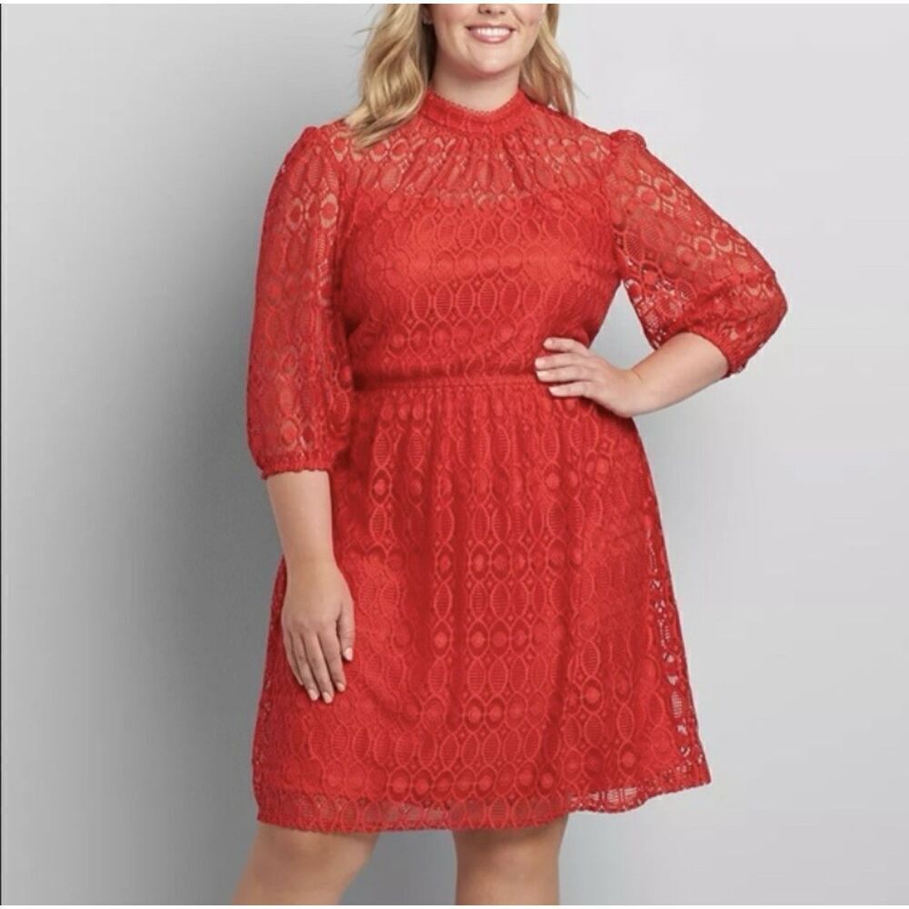 Lane Bryant Plus Size 16 MIDI FIT&FLARE MOCK NECK  RED EMBROIDERY LACE  Dress